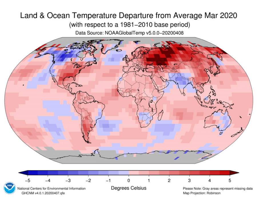 March 2020 was the world's 2nd warmest March on record, behind 2016.