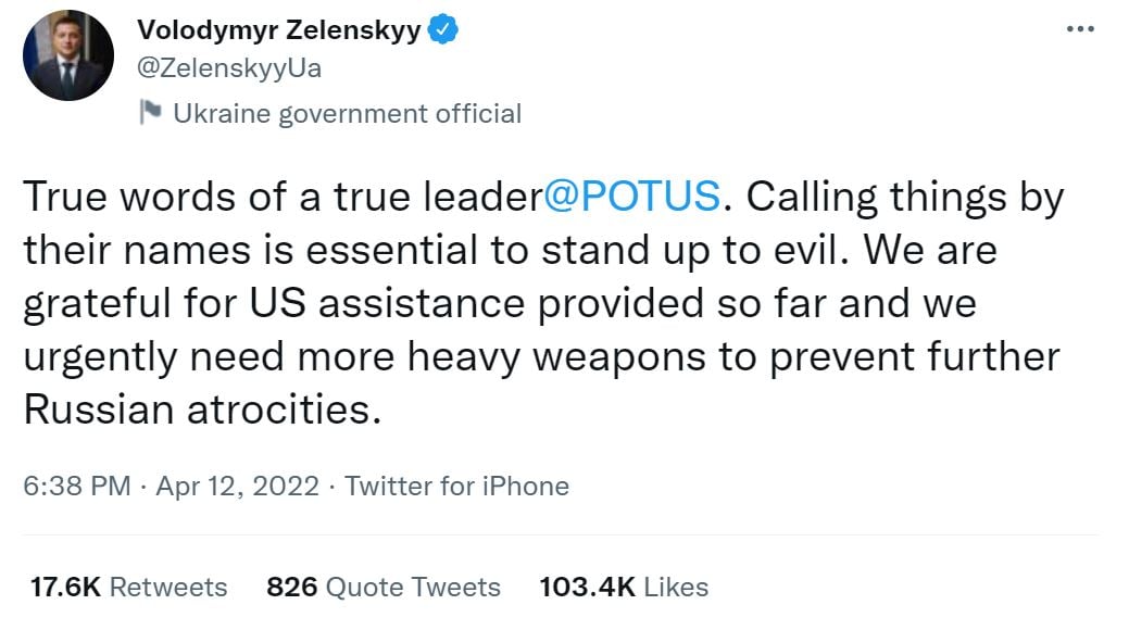 Zelensky calls Biden a "true leader" for the U.S. president's comments about Russia.